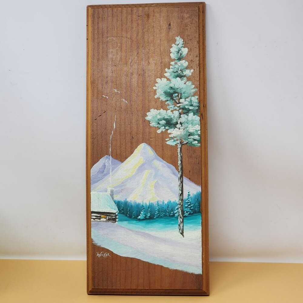Vintage Wood Wall Art With Winter Mountain Scene By Wicker